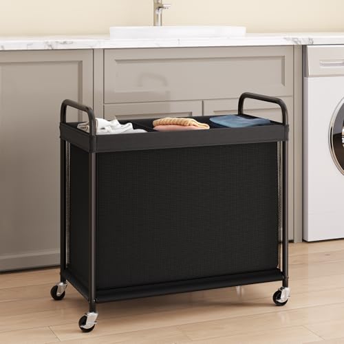 ELYKEN Laundry Hamper 3 Section, 120L Rolling Laundry Sorter with Removable Liner Bag, Laundry Basket with Wheels, Steel Frame with Metal Handle, Clothes Hamper Cart for Laundry Room & Bedroom - color: Black, size: 3-Section