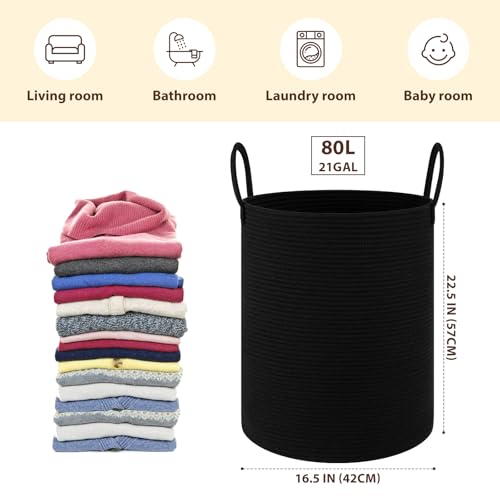 OIAHOMY Large Laundry Basket Hamper - 80L Cotton Rope Woven Basket for Blankets, Toys, Clothes - Tall Decorative Nursery Hamper with Long Handles, Black - color: Black, size: 80L