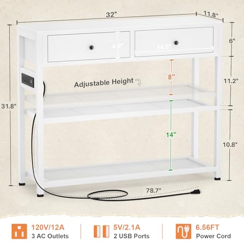 Ecoprsio Entryway Table with Outlets and USB Ports, Console Table with 2 Drawers, Small Sofa Table with Storage Shelves for Living Room, Couch, Hallway, Foyer, Kitchen Counter, 32'', White - color: White, size: 32-In