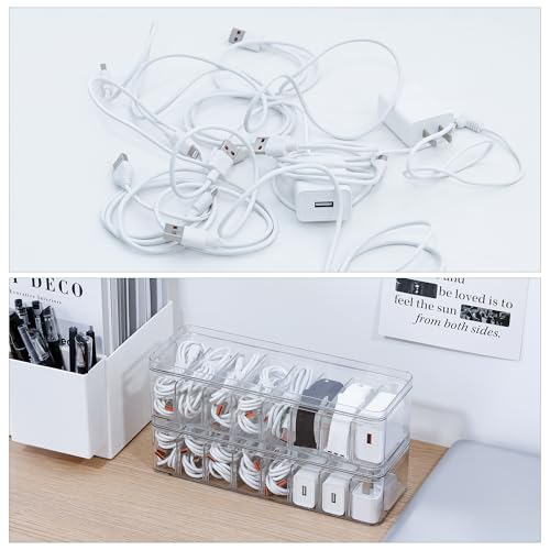 Cord Storage Organizer for Desk Drawer, Plastic Adjustable Cable Organizer Box with Lid and Wire Ties, Clear Phone Charger Case for Home Office - size: 1 Pack
