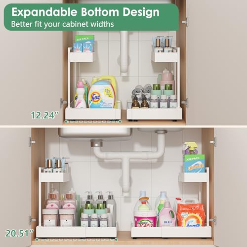 REALINN Under Sink Organizer Pull Out, L-Shaped 2 Tier Cabinet Organizer with Adjustable Width & 6-Level Height, Metal Under Sink Storage for Kitchen Sink, Bathroom Vanity, Laundry Cabinet, White - color: White, size: 2 Pack