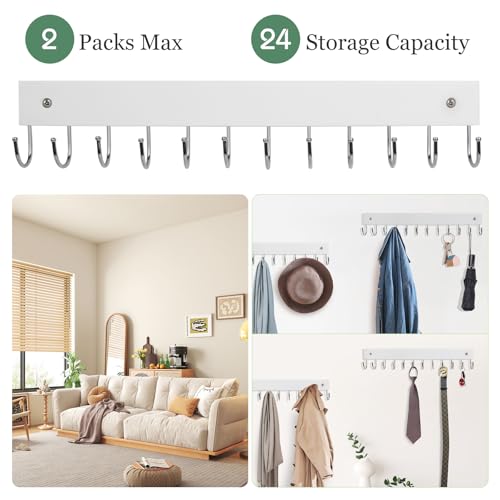 2 Pack Purse Organizer Wall Mount with 24 Rotating 180° Coat Rack, 14.6" Wooden Entryway Purse Holder, Wall Hooks for Hanging Belts, Ties, Keys, Scarf, Bras, Bag, Space Saving Hanger (White) - color: White