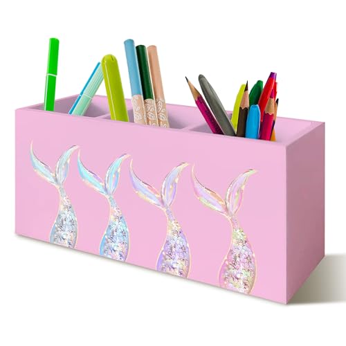 Mermaid Gifts for Girls Women, Pastel Mermaid Beach Pen Pencil Holder Organizer for Desk, Coastal Ocean Wooden Box Block Sign for Home Classroom Dorm Office Tabletop Decor（Pink） - color: Pink Mermaid
