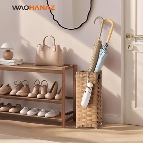 Rattan Umbrella Stand, Umbrella Holder for Entryway, Hand Woven Umbrella Rack Organizer Freestanding, with a Detachable Drip Tray, 4 Hooks, 6.5" L x 6.5" W x 16.5" H, Natural - color: Natural, size: S(6.5" L x 6.5" W)