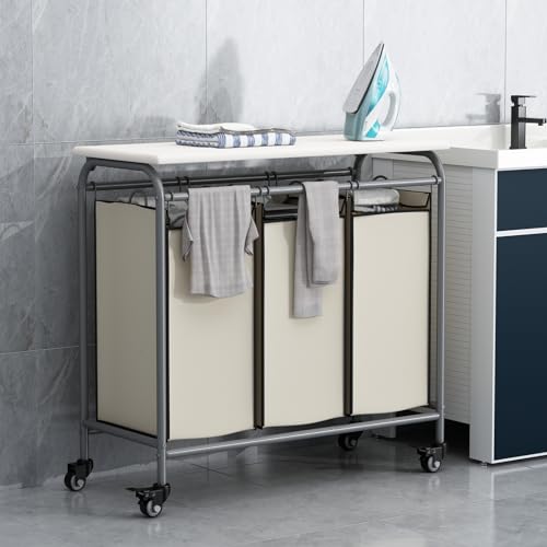 LINZINAR 3 Bag Laundry Basket Sorter Heavy Duty Rolling Lockable Wheels Laundry Hamper Cart with Ironing Board and Removable Bags, Beige - size: 3 Bags Beige with Board