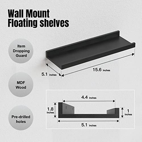 RICHER HOUSE 5 Set Floating Wall Mounted Shelves, Black Shelves for Wall Decor, Modern Picture Ledge Shelf with Lip for Storage, Nursery, Bedroom, Living Room, Bathroom - Black (Pack of 2) - color: Black, size: 5pcs*15.75in (Pack of 2)