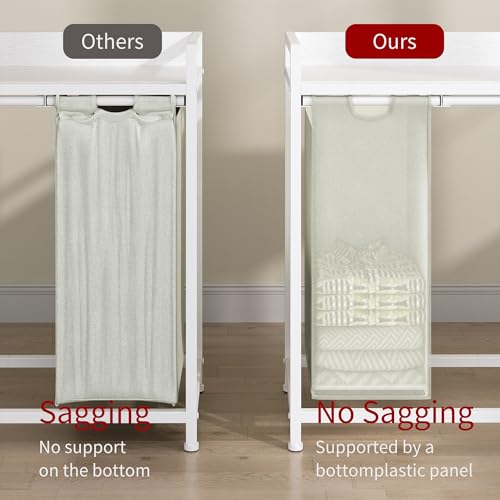 Herture Laundry Hamper with Shelf, Laundry Basket 3 Section, Laundry Sorter with Pull-Out Removable Large Bags and Movable Wheels, Metal Frame, 3 x 15.87 Gallons (60L), White PF04XLW - color: White, size: 3 Bags-180 L