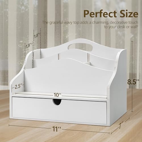 Rebee Vision Pine Wood Mail Organizer for Desk - Charming Farmhouse Countertop Mail Sorter for Office & Home Decor - Wooden Desk Organizer with Drawer for Letters, Files & Magazines(White) - color: A-White