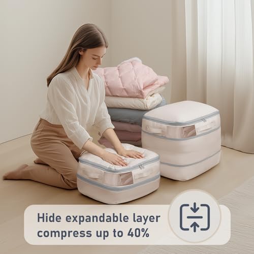 DIMJ Compression Storage Bags 6 Pack - Blanket Storage Bags with Window Zipper, Ultra Space Saving Self Compression Organizer for Puffer Jacket, Bedding, Lightweight Comforter Duvet, Sweater - color: Beige, size: 39L x 6 Pack