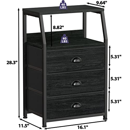 Furnulem Black Night Stand, Small Dresser for Bedroom, Nightstand with 3 Fabric Storage Drawers and 2-Tier Shelf, End Table Side Furniture for Closet, Hallway, Nursery, Sturdy Steel Frame, Wood Top - color: Black Oak, style: 3 Drawers