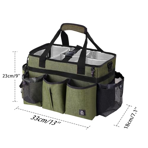 Large Cleaning Caddy Bag Built-in Sturdy Support Board, Cleaning Organizer with Detachable Divider, Cleaning Supply Tote with Adjustable Shoulder Strap&Waist Belt for Cleaners & Housekeeper - color: Green