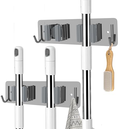 Broom and Mop Holder Wall Mounted, Heavy-Duty Stainless Steel Storage Rack with 2 Racks & 2 Hooks,Broom Organizer for Kitchen,Bathroom,Garage,Garden（SILVER - color: SILVER-2 Racks2 Hooks