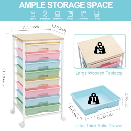SYKIARIOL Rolling Storage Cart with Drawers,Utility Cart With 8 Drawers and Wooden Tabletop,Rolling Drawer Cart,Storage Drawer Cart for Living Room,Classroom,Bedroom,Bathroom,Dorm,Office,Rainbow - color: Rainbow