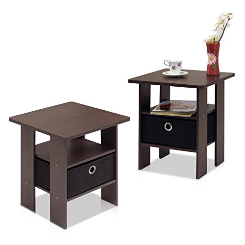 Furinno Andrey Set of 2 End Table / Side Table / Night Stand / Bedside Table with Bin Drawer, Dark Brown/Black - color: Dark Brown/Black, size: 2-Pack, Center Bin