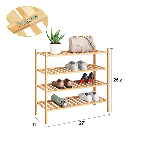 BMOSU 4-Tier Bamboo Shoe Rack Premium Stackable Shoe Shelf Storage Organizer for Hallway Closet Living Room Entryway Organizer (Natural Bamboo) - color: Natural Bamboo, size: 4-Tier（27*11*25.2inches）