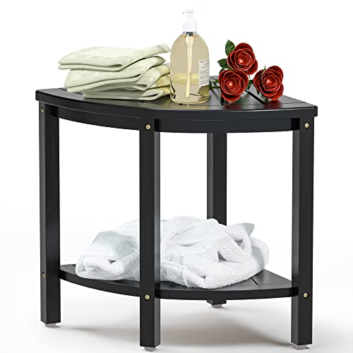 Bamboo Corner Shower Bench Waterproof Stool with Space-Efficient Storage Shelf - Shower Stool Seat for Indoor or Outdoor Use(Black) - color: Black