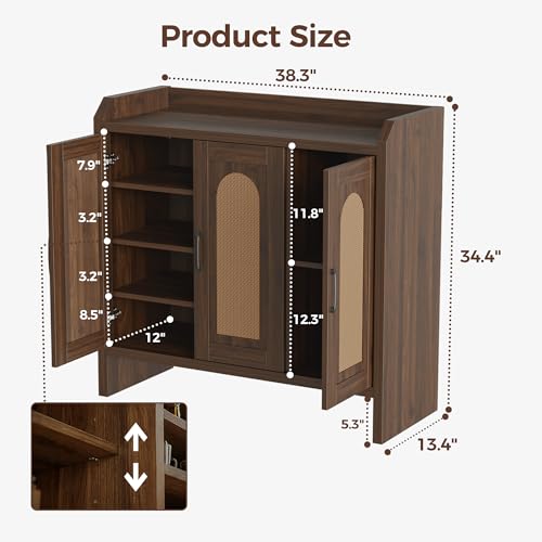 Mericonia Rattan Shoe Storage Cabinet, Farmhouse Shoe Cabinets Storage for Entryway, Boho Wooden Shoe Rack with 3 Doors for Entryway, Hallway (Walnut, 3 Door) - color: Walnut, size: 3 Door