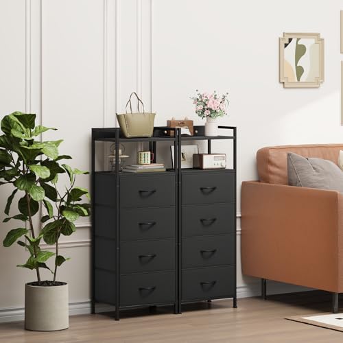 Somdot Nightstand with 4 Drawers, Vertical Storage Tower Fabric Dresser for Bedroom, Night Stand Bedside Table Furniture, Sturdy Steel Frame, Wooden Top & Easy Pull Fabric Bins, Black - color: Black, size: 11.4"D x 15.2"W x 36.3"H (4 Drawers)