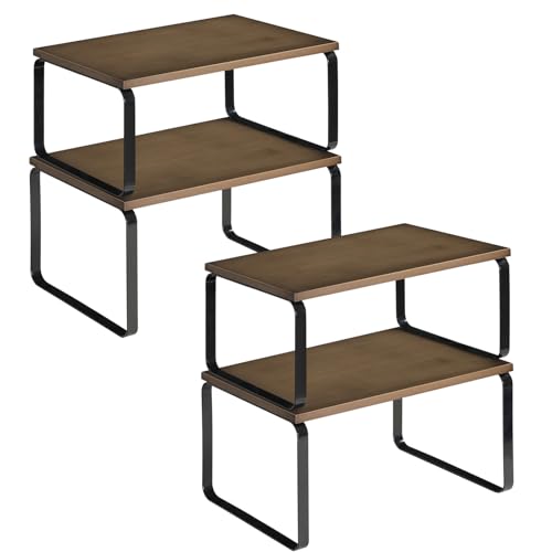 HOOBRO Cabinet Organizer Shelf, Set of 4 Kitchen Counter Shelves, Expandable Kitchen Storage, Stackable Bamboo Spice Rack, for Kitchen, Countertop, Office Desk, Bathroom, Mocha and Black CB30TLP201 - color: Mocha, Black
