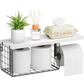 VITVITI Toilet Paper Holder with Shelf, Wall Mounted Toilet Paper Storage Basket, Wood Metal Toilet Roll and Wipes Holder for Bathroom Farmhouse (White) - color: White