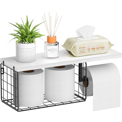 VITVITI Toilet Paper Holder with Shelf, Wall Mounted Toilet Paper Storage Basket, Wood Metal Toilet Roll and Wipes Holder for Bathroom Farmhouse (White) - color: White