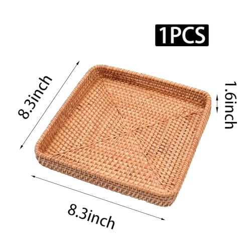 8 Inch Square Rattan Basket Handwoven Serving Tray Storage Blasket Decorative Tray for Home Decor, 8.3"x8.3" - color: Basic, size: 8.3" x 8.3" x 1.6"
