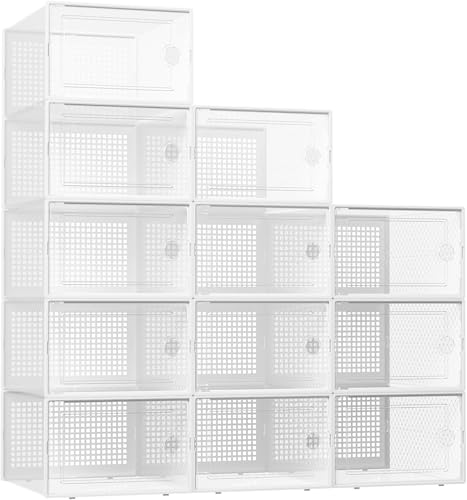 Kuject XX-Large Shoe Storage Boxes Organizers Clear Plastic Stackable 12 Pack, Shoe Rack & Holder Substitute, Sneaker Containers, Shoe Storage Organizer Bins for Closet, Under Bed,White(No Fold Line) - color: White, size: XX-Large