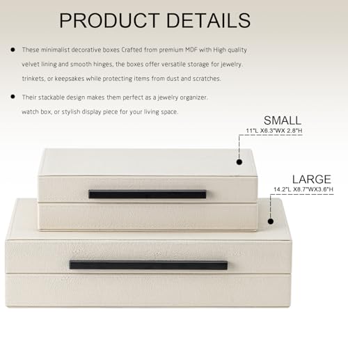 Set of 2 Beige Shagreen Decorative Storage Boxes with Black Metal Handles – Faux Leather Jewelry & Memory Boxes, Nesting Photo Organizers for Home Decor - color: Beige+Black Handles