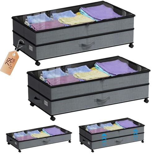 Under Bed Storage with Wheels, 2 Pack 75L Underbed Large Storage Bins with Lid, Adjustable Rolling Storage Containers for Clothes, Shoes, Blankets