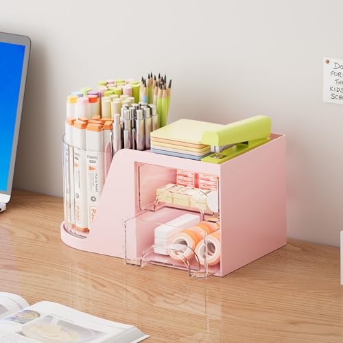 Marbrasse Desk Organizer with 2 Drawer, 360°Rotating Pen Holder, Desk Organizers and Accessories with 6 Slots Pencil Organizer + 2 Drawer, Art Supply Storage Box Caddy for Office (Pink) - color: Pink