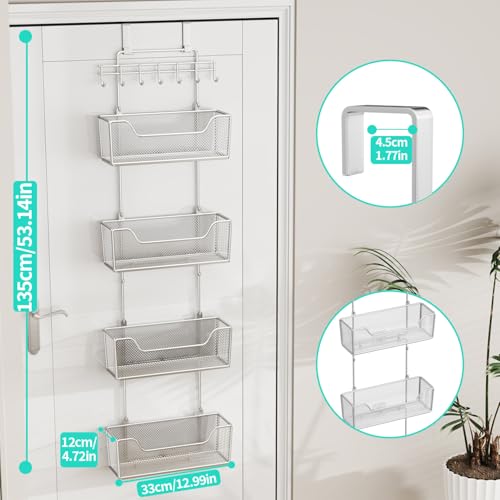 HapiRm Over The Door Organizer - Hanging Door Organizer with 4 Metal Large Capacity Baskets and Adjustable Coat Hook for Bathroom Bedroom Kitchen Pantry Closet Cabinet - color: Brushed Nickel