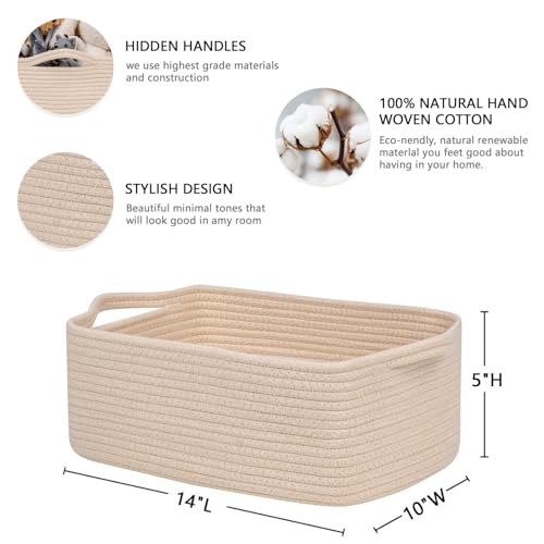 CubesLand Rectangular Cotton Rope Basket, 14x10x5 Inches, Beige, Nursery Storage Bin - color: Beige, size: 14''x10''x5''