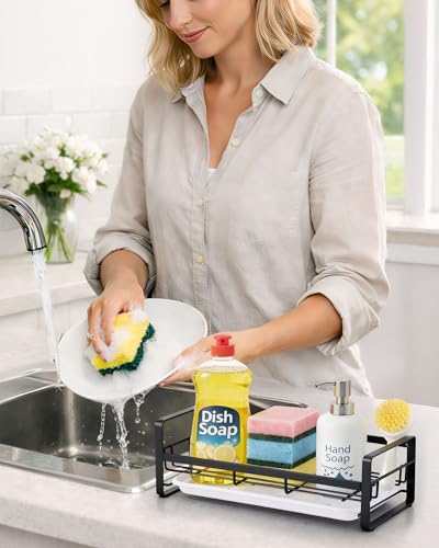 HULISEN Large Sponge Holder, 304 Stainless Steel Kitchen Soap Dispenser Caddy Organizer, Countertop Soap Dish Rack Drainer with Removable Drain Tray, not Including Dispenser and Brush, Black - color: Black, size: Large