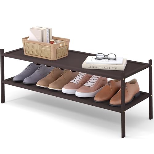 Smiry Bamboo Long Shoe Rack, 2 Tier Shoe Organizer for Entryway & Closet, Stackable Free Standing Storage Shelf for Shoes, Bags & Plants, Brown - color: Brown, size: 2 Tier - Long