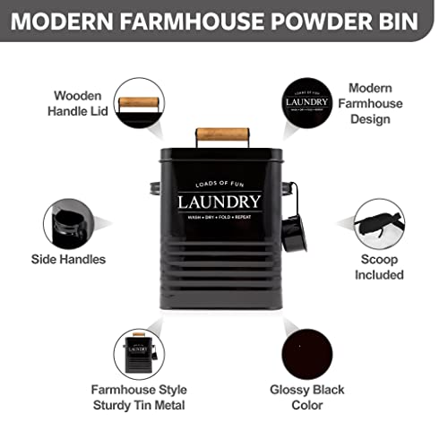 Calindiana Modern Farmhouse Metal Laundry Soap Dispenser Container Holder with Scoop for Laundry Room Decor and Space Saving Laundry Room Organization and Storage, Laundry Powder Container, Black - color: BLACK