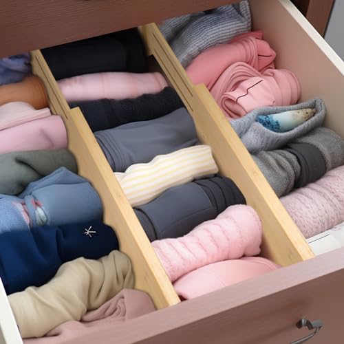 Fabsome Dresser Drawer Organizers 6 Pack, 4.65'' High Adjustable from 12.5-17‘’ Bamboo Drawer Dividers for Clothing Baby Clothes, Wooden Separators for Dresser Nursery Organization with Soft Foam Ends - size: For 12.5-17in deep drawers inner size