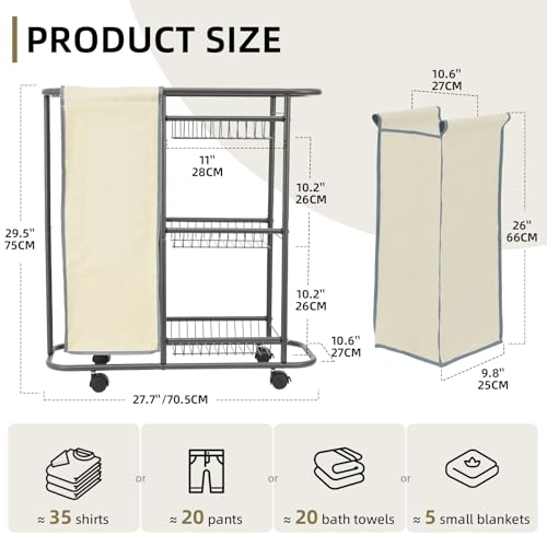 Rolling Laundry Basket with 3 Storage Baskets and 45 L Bag, Heavy Duty Laundry Cart with Wheels and Handle, Space Saving Laundry Room Organization for Bathroom Living Room Apartment Dorm - color: Beige