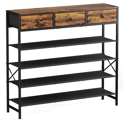 Shoe Rack, 5 Tier Shoe Organizer with 3 Drawers, Metal Shoe Storage for 24-30 Pairs of Shoes with Fabric Shelves and Wooden Top, Narrow Shoe Shelf for Closet Entryway Rustic Brown - color: Rustic Brown, size: 5 Tier(41.3 × 10.8 × 37.8)