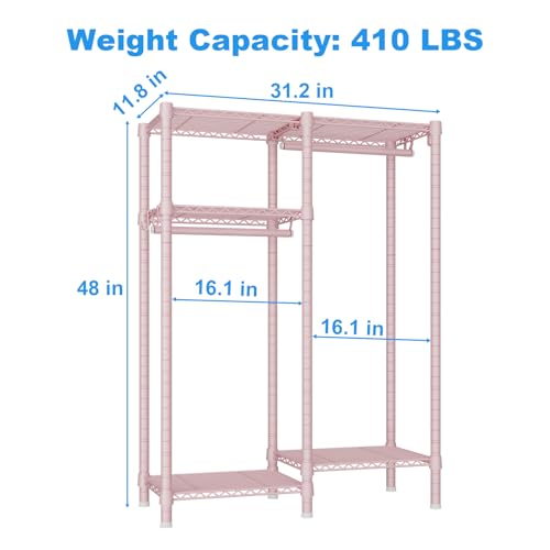 Ulif F1 Clothes Rack for Kids, Baby, Students, and Children's Room, 4 Tiers Portable Metal Closet Clothing Rack, Small Garment Rack with 2 Hanging Rod, 31.2" W x 11.8" D x 48" H, Pink - color: Pink