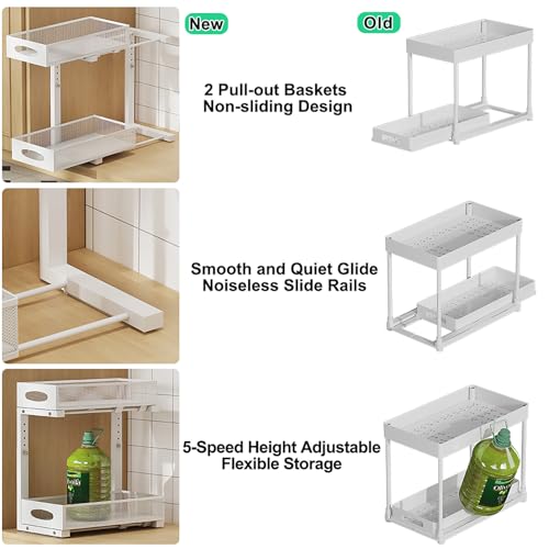 2 Pack Under Sink Pull Out Organizer, 2-Tier Adjustable Height Carbon Steel Storage Rack for Kitchen and Bathroom Cabinet, White - color: White