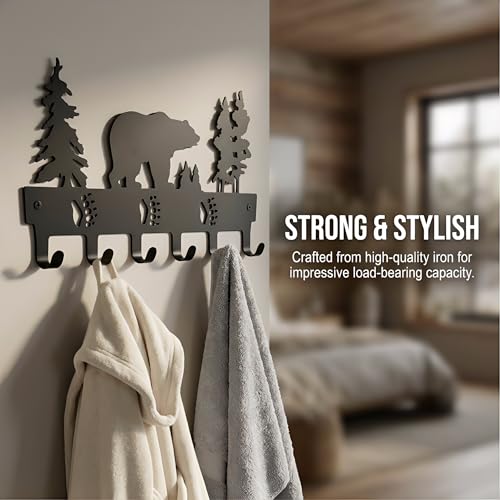 Coat Rack Wall Mount with 6 Hooks, Metal Bear Coat Hanger for Hanging Hat, Clothes, Robe, Keys, Backpack, Towels, Jacket, Purse - Closet, Door, Entryway, Bathroom, Bedroom (Black)