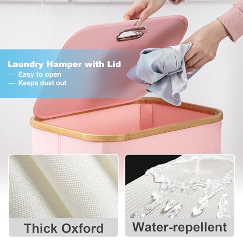 Vincona Laundry Basket with Wheels, Tall Dirty Clothes Hamper on Wheels, Rolling Laundry Hamper with lid for Dorm, Bedroom and Bathroom (Pink, 100L) - color: Pink, size: 100L