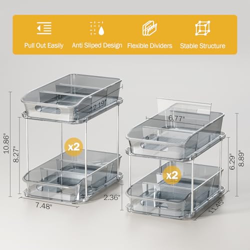 Delamu 2-Tier Under Sink Organizers and Storage, Multi-Purpose Stackable Bathroom Cabinet organizers, Pull Out Kitchen Pantry Organization and Storage with Dividers(4 Pack, Grey) - color: Grey, size: 4 Pack