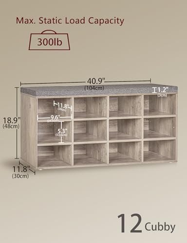 DINZI LVJ Shoe Storage Bench with Cushion, Cubby Rack with 12 Cubbies, Adjustable Shelves, Multifunctional Organizer Bench for Entryway, Mudroom, Hallway, Closet and Garage, Greige - color: Greige, size: 12 Cubby