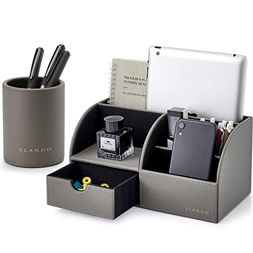 Vlando Office Desk Organizer Leather Desktop Organizer Caddy with Drawer for Storing Desktop Supplies and Accessories (Grey Set) - color: B.Grey Set