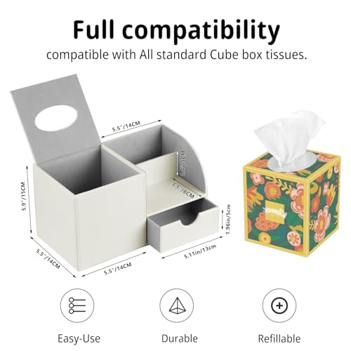 PUSU Square Tissue Box Cover with Storage Drawer, PU Leather Facial Tissues Cube Boxes Holder, Modern Makeup Remote Control Holder, Nightstand Organizer Caddy for Bathroom Vanity, Office, Home Decor - color: White Cowhide