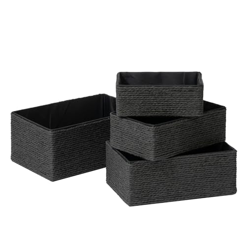 LA JOLIE MUSE Storage Baskets Set 4 - Sturdy Woven Paper Rope Decorative, Stackable Wicker Baskets for Makeup Closet Bathroom Bedroom (Ebony Black) - color: Black