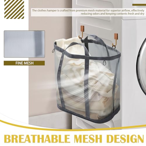 Mesh Laundry Basket, Hanging Laundry Hamper for Wall Door with Handles, Breathable Foldable Beach Bag Space-saving Travel Tote (2Pack, Grey) - color: Grey