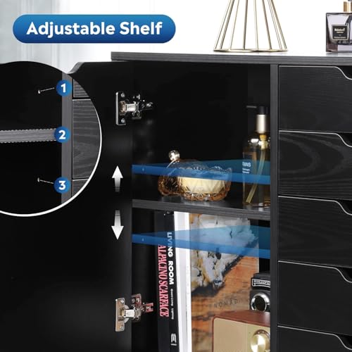 5-Drawer Wood Drawer Cabinet, Office Storage Cabinet with Adjustable Shelf & Wheels, Printer Stand for Home Office, Black, 15.7" D x 30.7" W x 25.4" H - color: Black