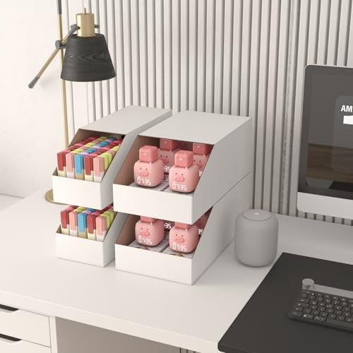 EXYGLO Stackable Cardboard Storage Bins 30 Pack, 12x4x4.5 Inch Cardboard Boxes with Lid, Corrugated Organizer Bins for Pantry, Shelves, Garage, Office, Shop, White - color: White Stackable, size: 12x4x4.5 inches